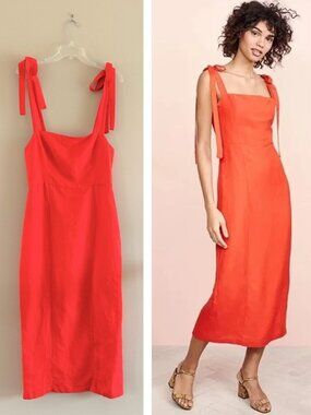 Capulet Camille Linen Blend Shoulder Tie Midi Dress in Tangerine Orange, M